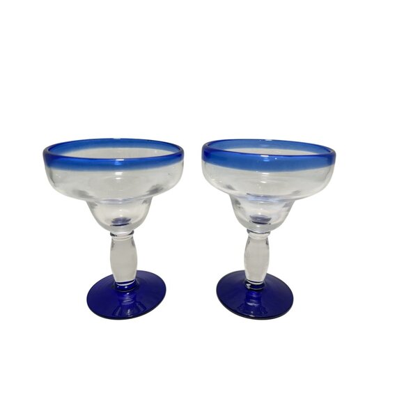 Mexican Hand Blown Glass Set of 2 Hand Blown Margarita Glasses (16 oz) Cobalt - Picture 1 of 5